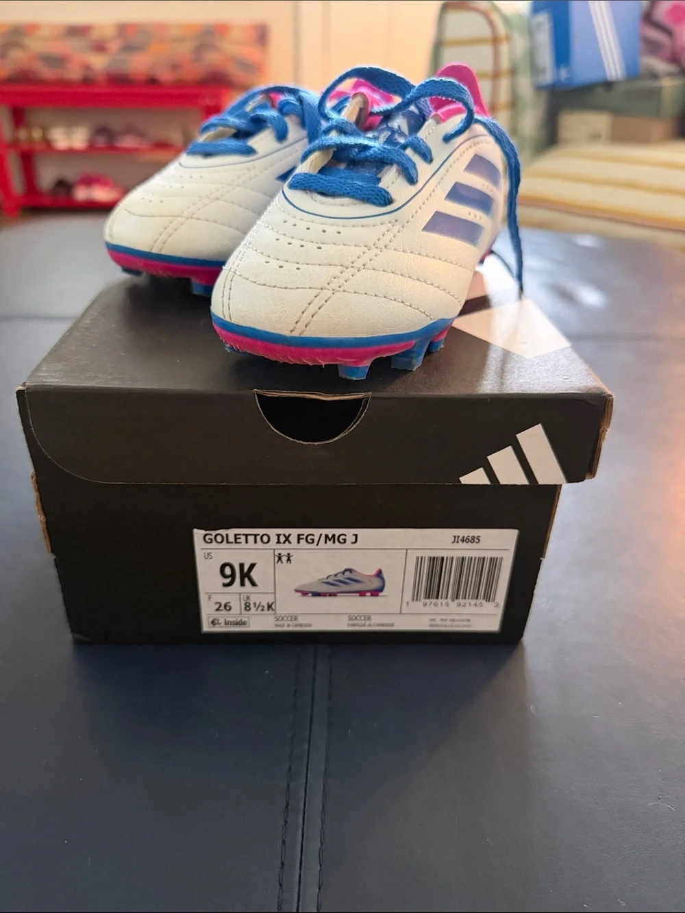 Adidas toddler Soccer Shoes with Blue Laces and Pink Lining